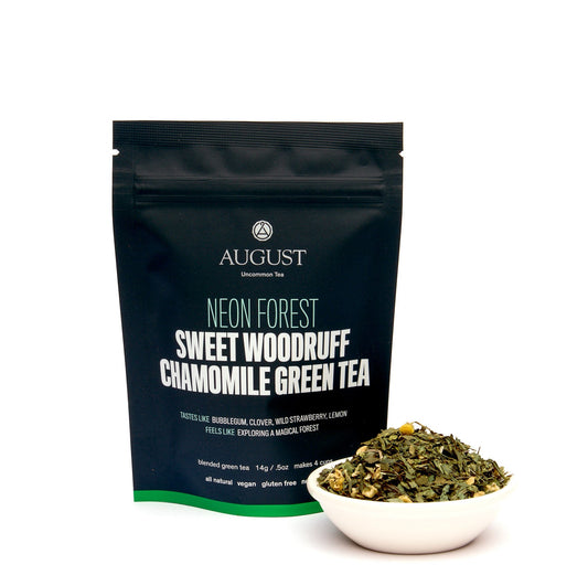 Tea package labeled 'August' with a bowl of green tea leaves on a white background