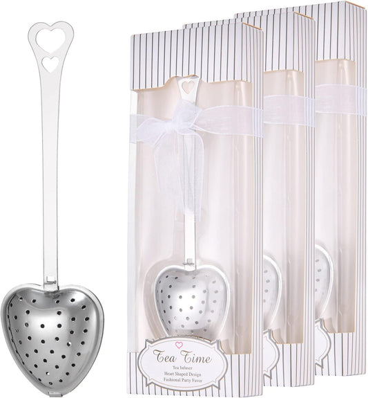 Heart-shaped metal tea infuser in packaging with 'Tea Time' label