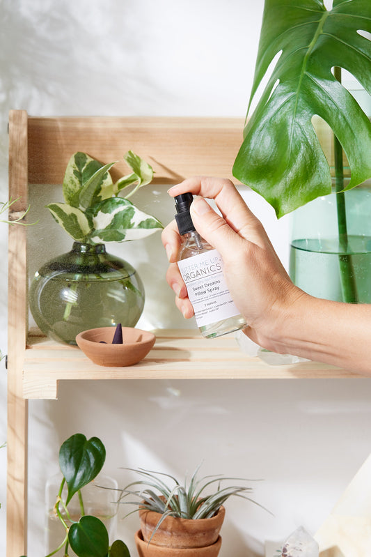 Person holding a bottle of organic skincare product with plants on a shelf in the background