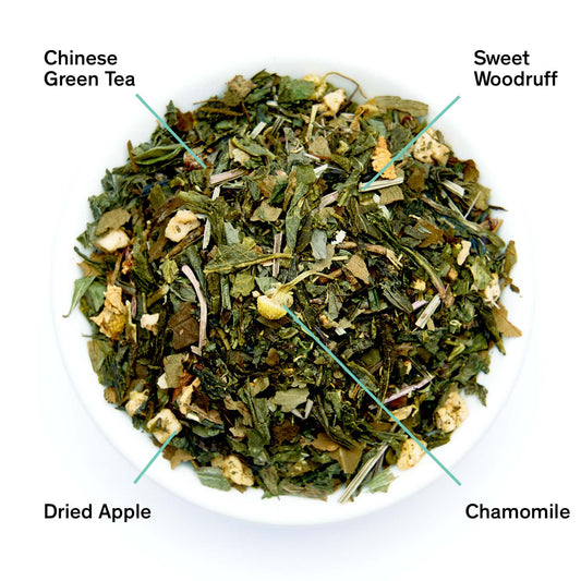 Tea blend with labeled components including Chinese Green Tea, Sweet Woodruff, Dried Apple, and Chamomile on a white background.
