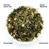 Tea blend with labeled components including Chinese Green Tea, Sweet Woodruff, Dried Apple, and Chamomile on a white background.