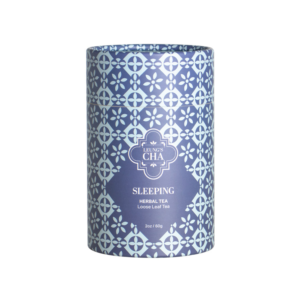 Tea canister with blue and white pattern on a white background