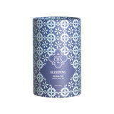 Tea canister with blue and white pattern on a white background