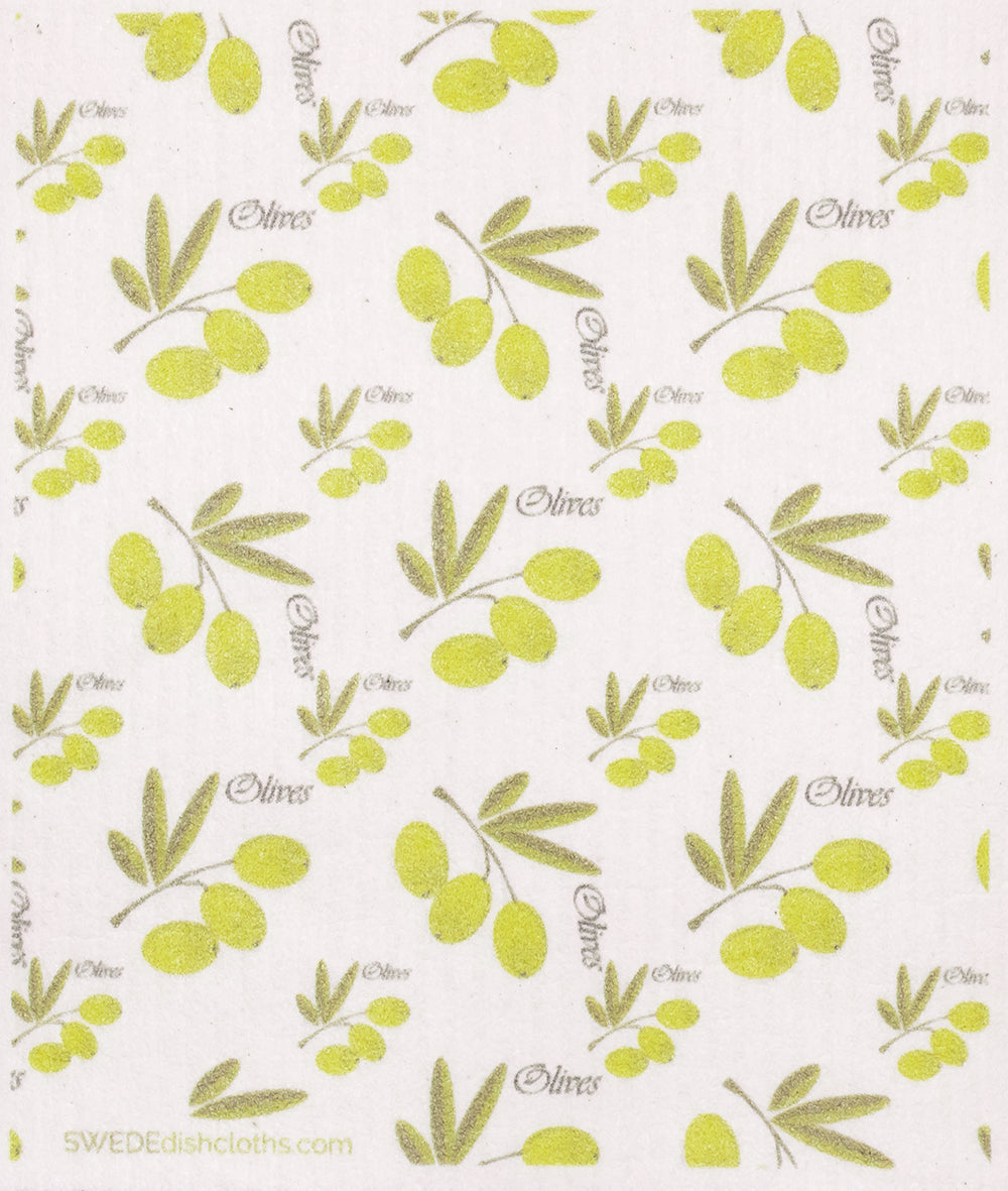Pattern of green olives and leaves on a white background with 'Olives' text.