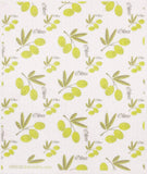 Pattern of green olives and leaves on a white background with 'Olives' text.