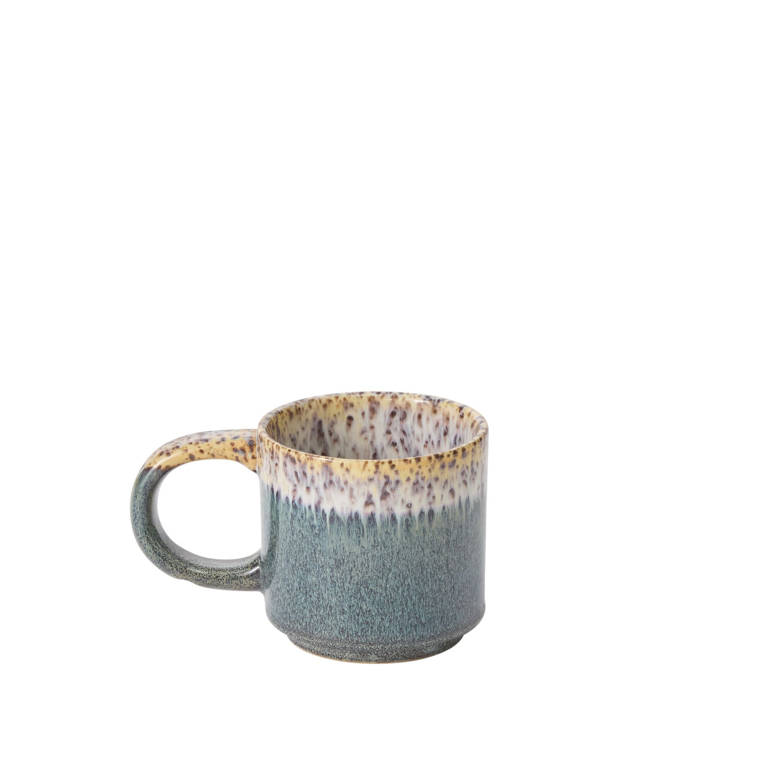 Speckled blue and brown ceramic mug on a white background