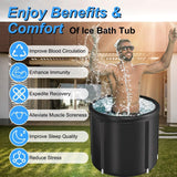 Person in an ice bath tub with benefits listed above