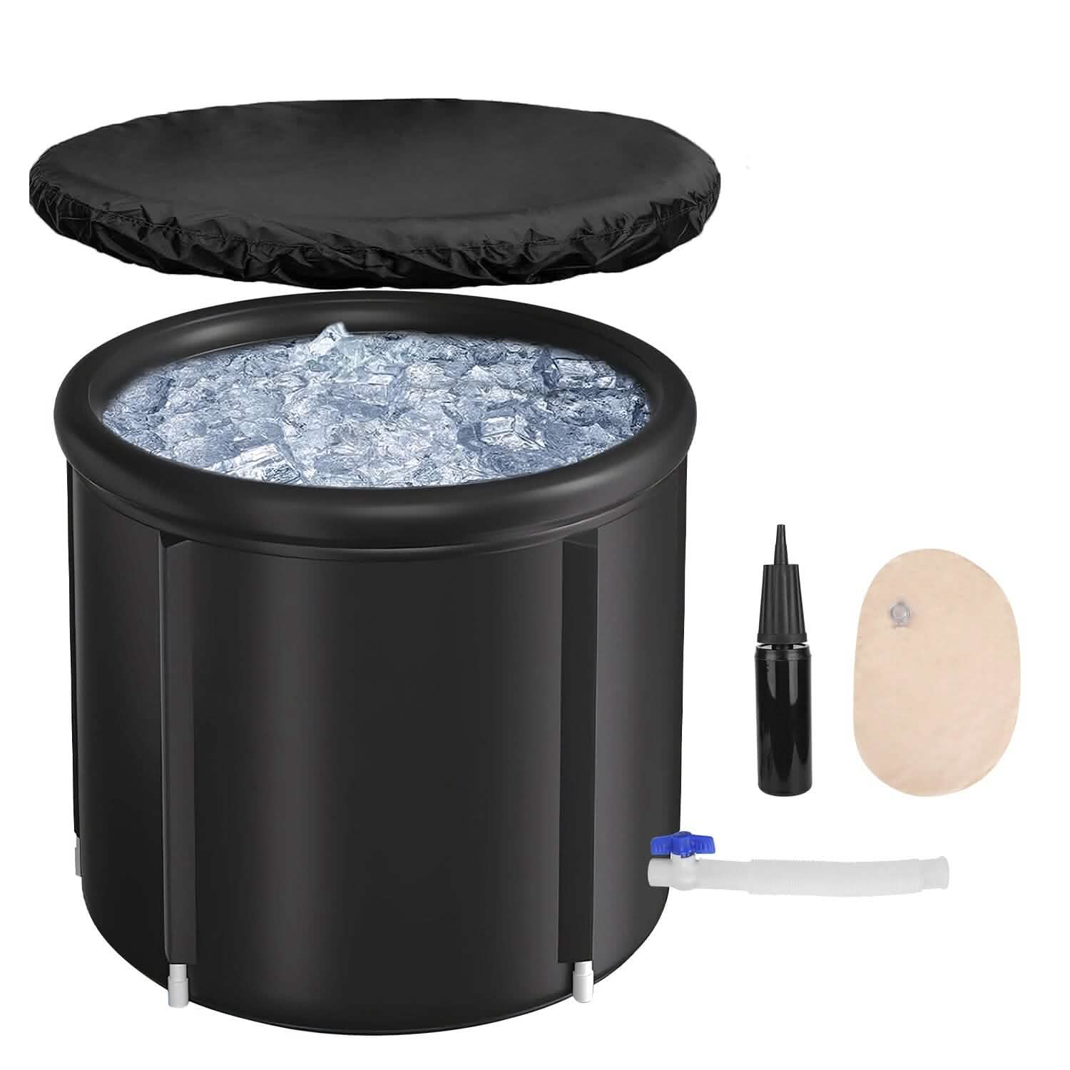 Black ice bucket with lid, ice cubes, a bottle, and a rock on a white background