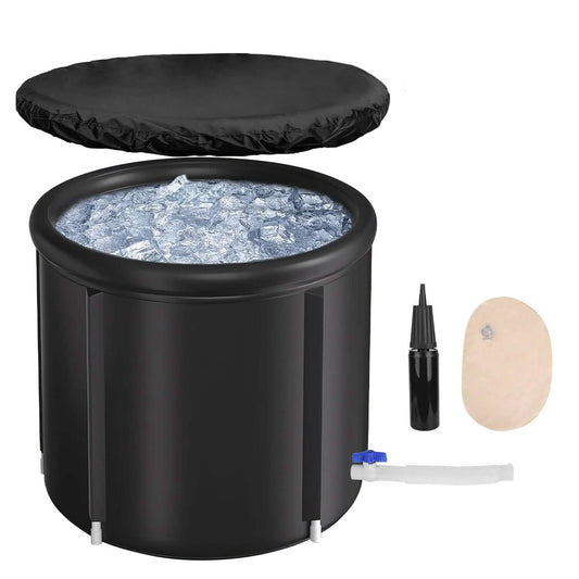 Black ice bucket with lid, ice cubes, a bottle, and a rock on a white background