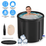 Black inflatable hot tub with a woman inside, surrounded by accessories on a white background.