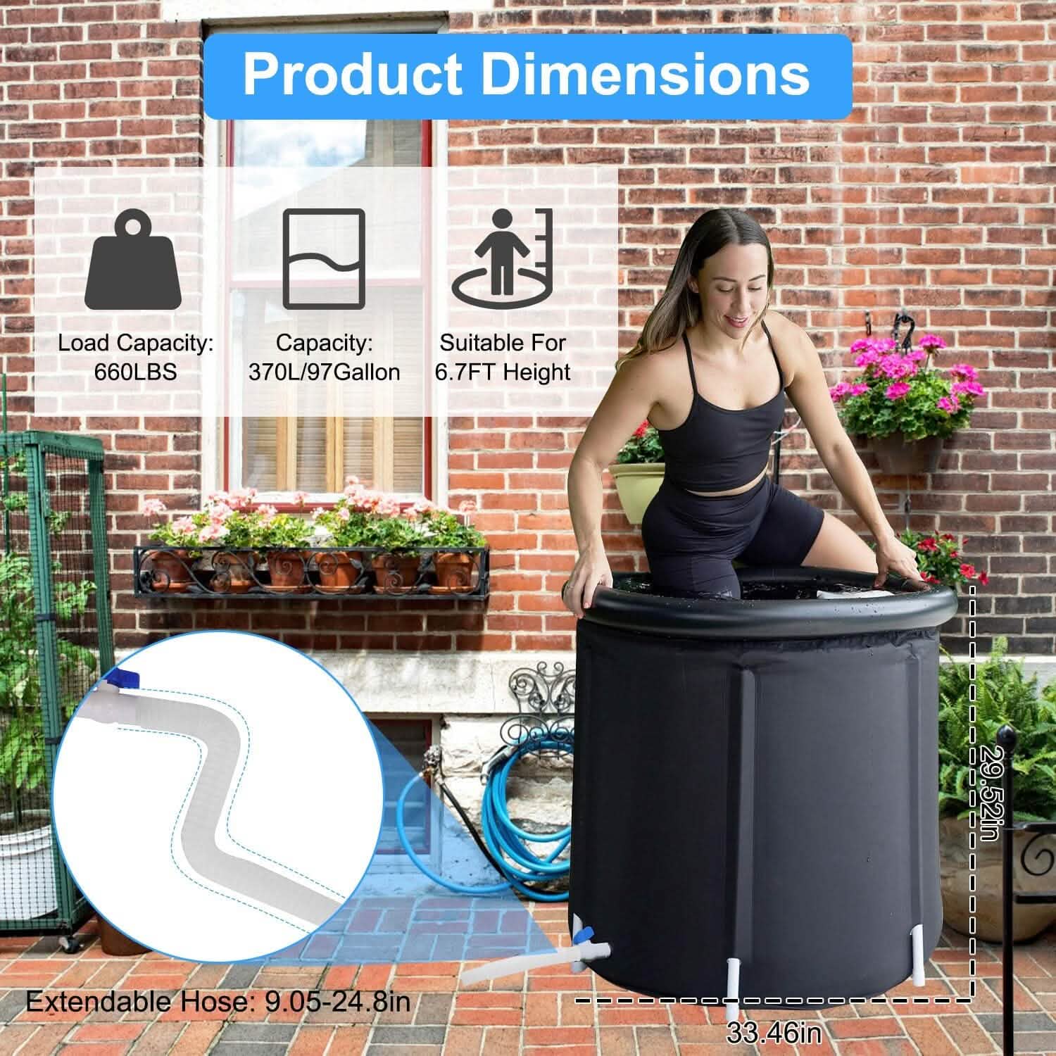 Woman using a large black container with product dimensions displayed.