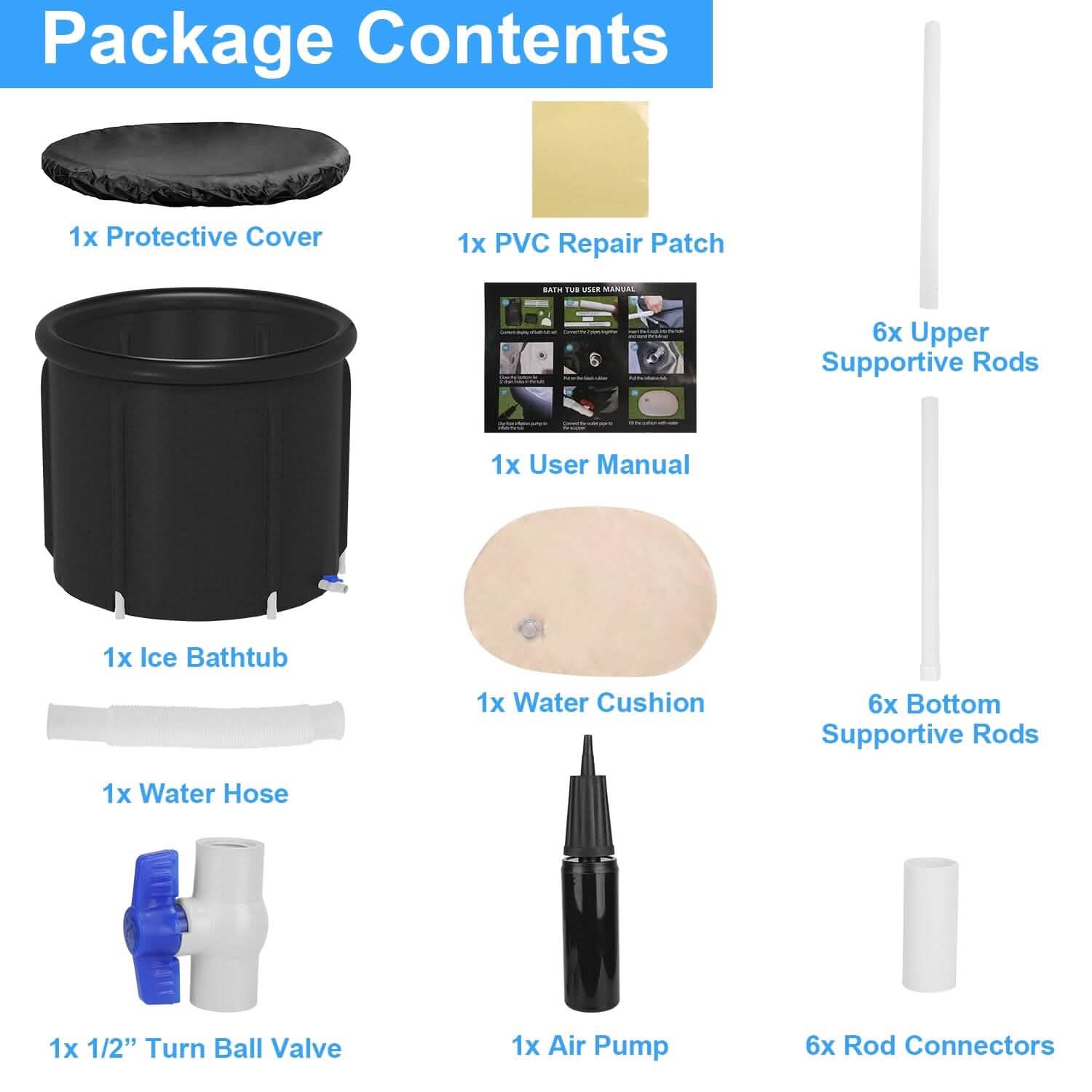 List of package contents for a pool repair kit including a protective cover, PVC repair patch, ice bathtub, water cushion, and various support and connection parts.
