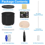 List of package contents for a pool repair kit including a protective cover, PVC repair patch, ice bathtub, water cushion, and various support and connection parts.