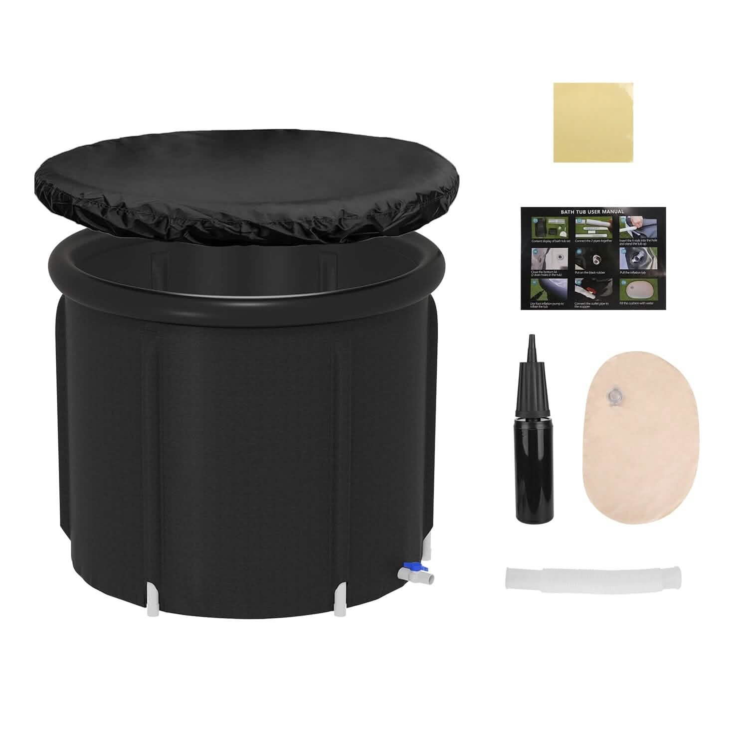 Black inflatable bathtub with accessories on a white background