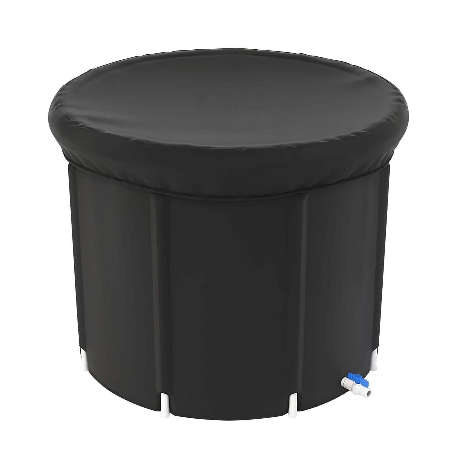 Black inflatable pool with a lid on a white background