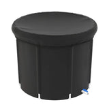 Black inflatable pool with a lid on a white background