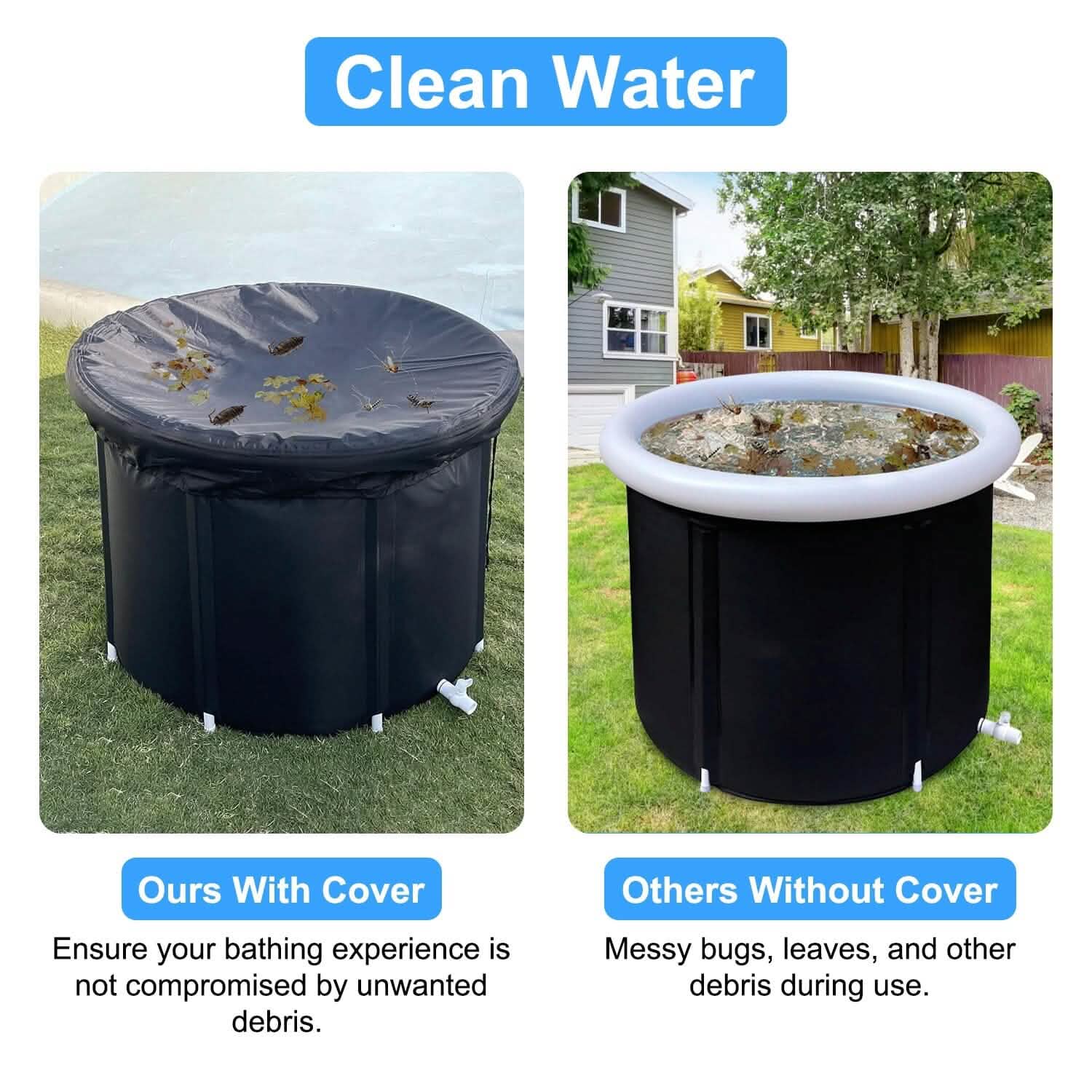 Comparison of a pool with and without a cover on a grassy area.