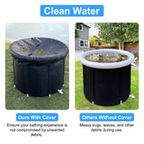 Comparison of a pool with and without a cover on a grassy area.