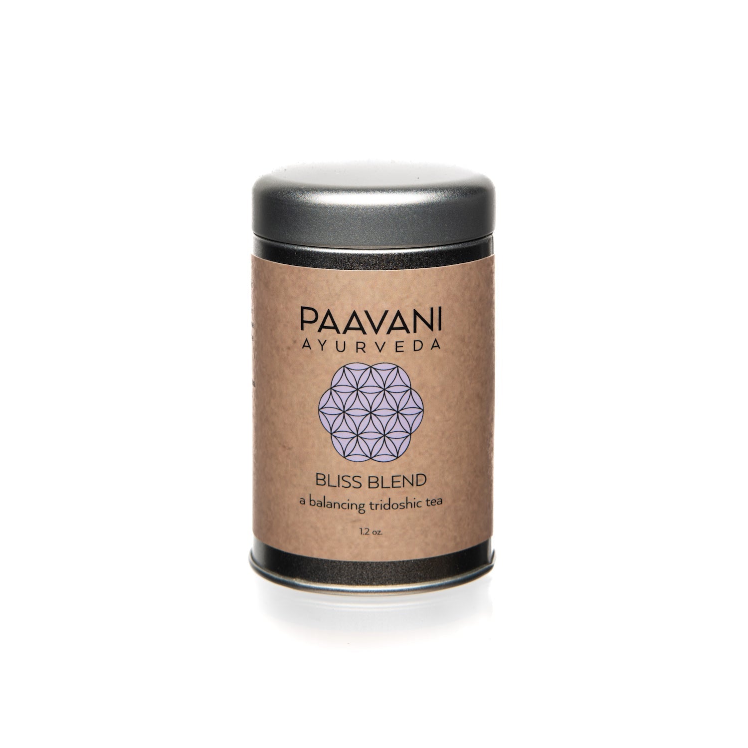 Paavani Ayurveda Bliss Blend tea canister on a white background