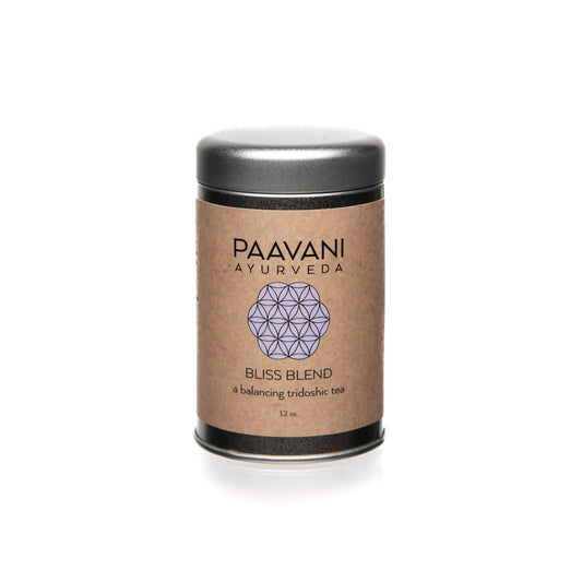 Paavani Ayurveda Bliss Blend tea canister on a white background