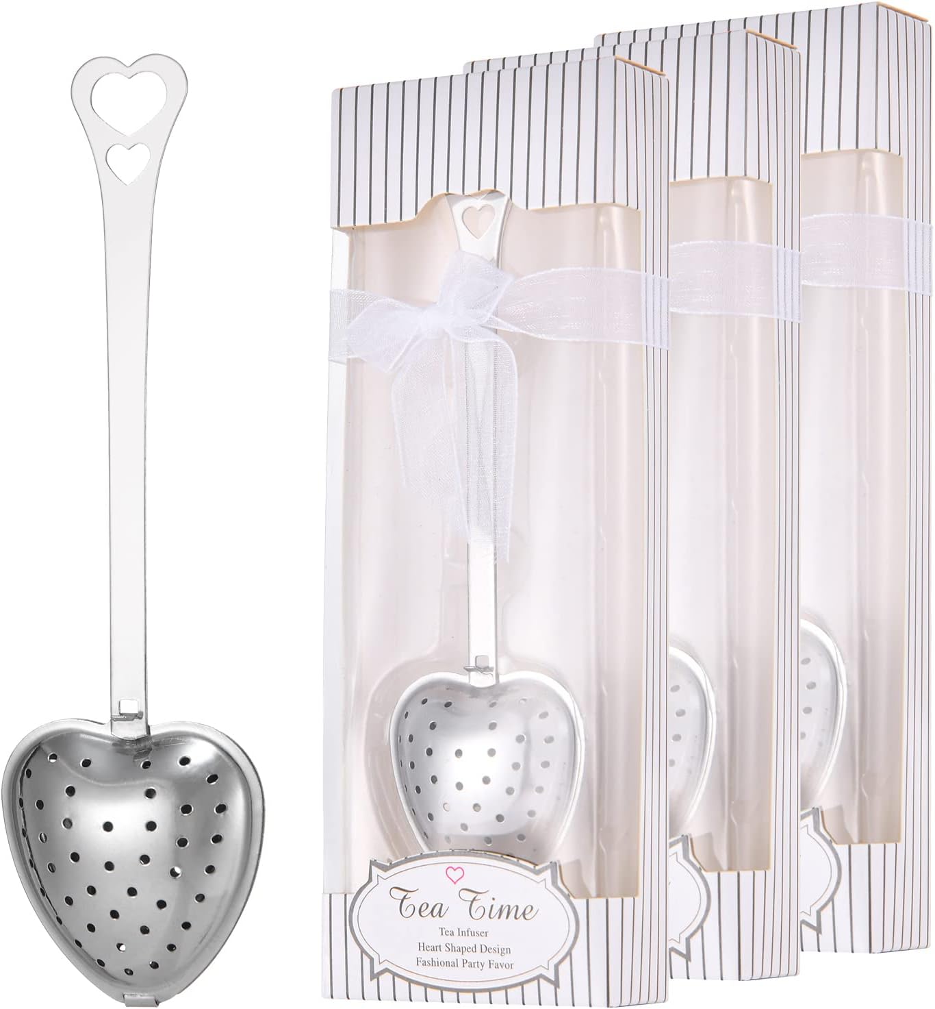 Heart-shaped metal tea infuser in packaging with 'Tea Time' label