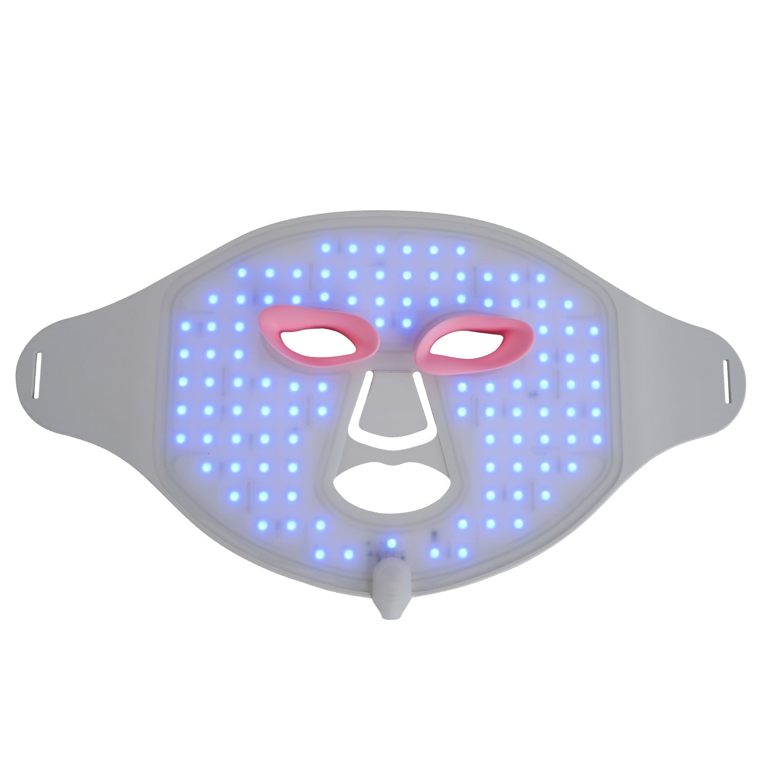 LED face mask with blue and pink lights on a white background