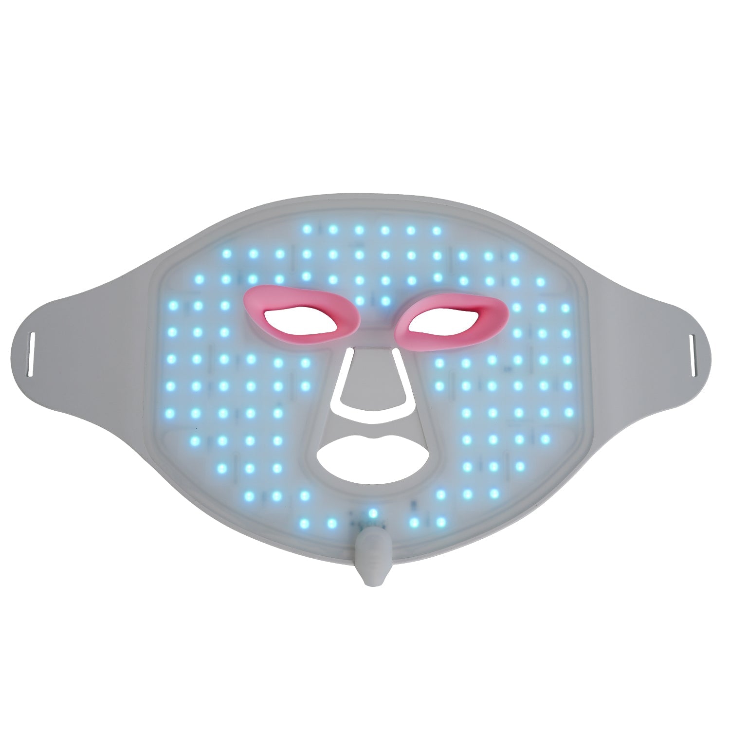 LED face mask with blue and pink lights on a white background
