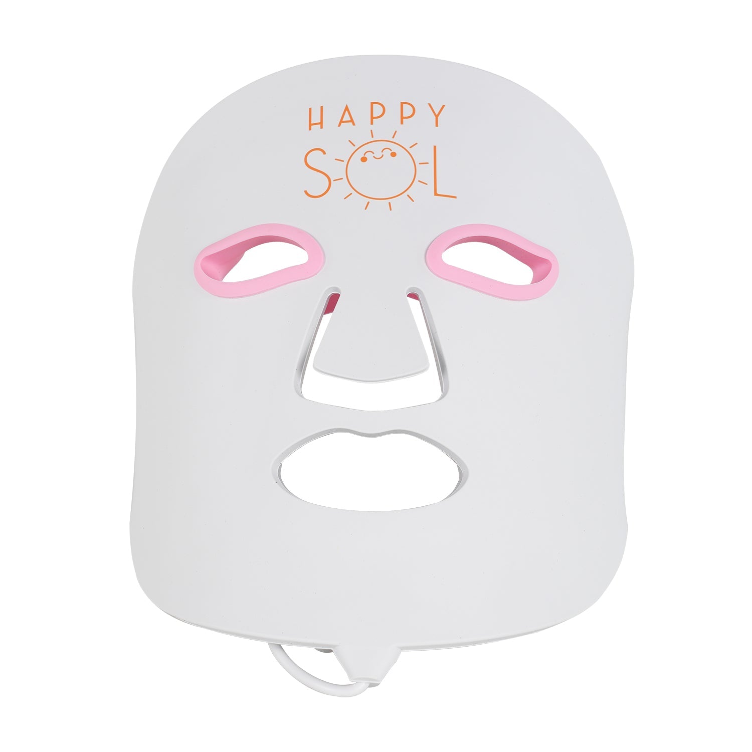 White face mask with pink eye areas and 'Happy Sol' branding on a white background