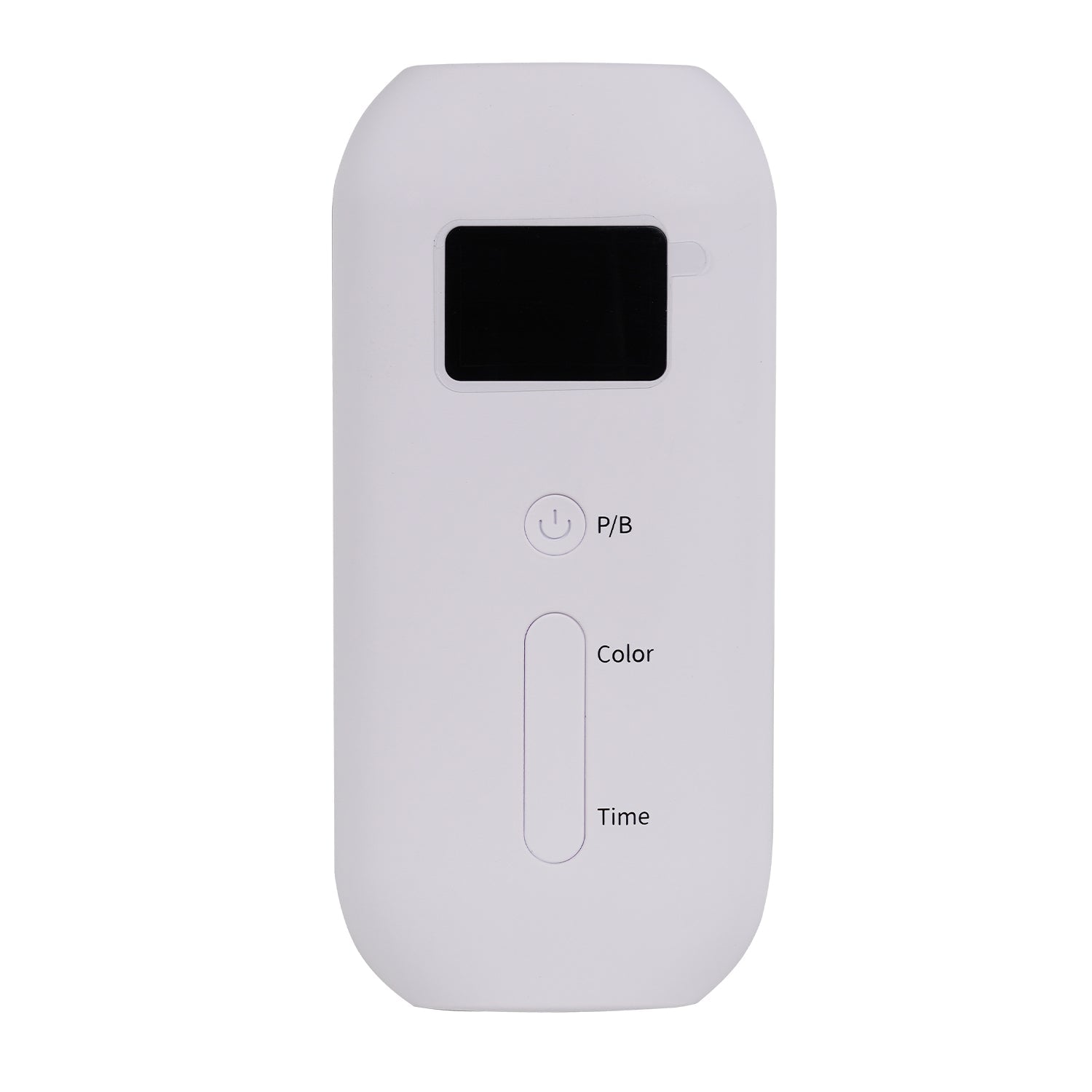 White electronic device with a small screen and buttons on a white background