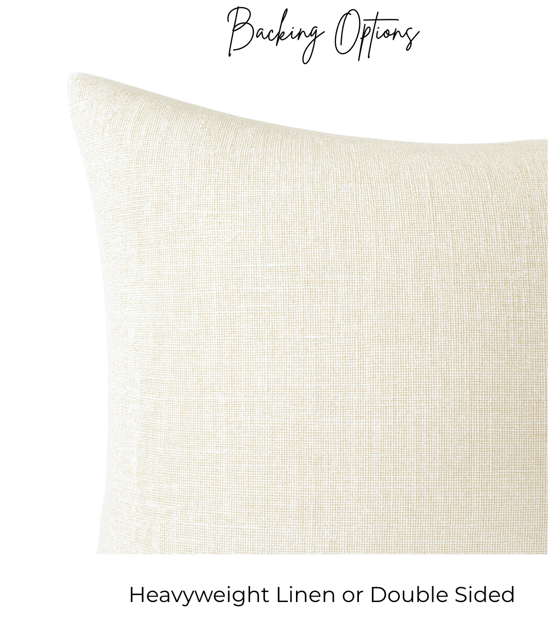 Beige pillow with text indicating backing options on a white background