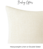 Beige pillow with text indicating backing options on a white background