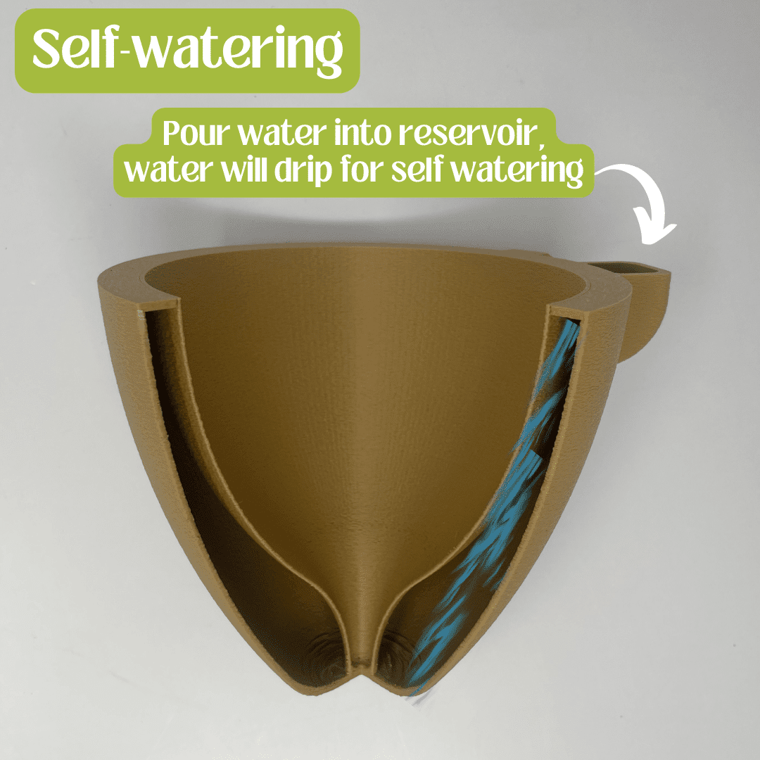 Brown self-watering plant pot with text explaining its function on a white background