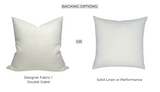 Two white pillows with text indicating backing options on a white background