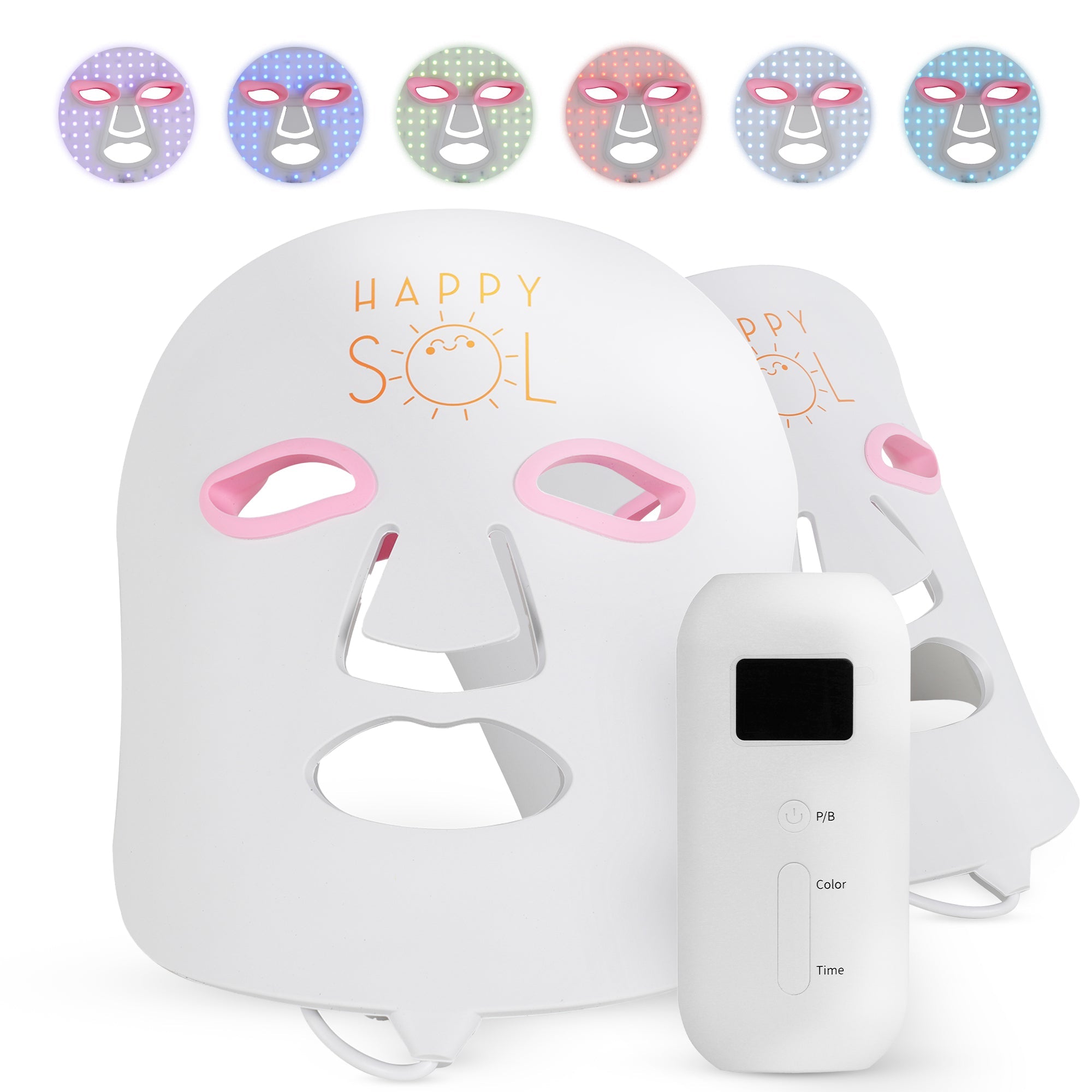 Happy Sol LED face mask with control panel on a white background