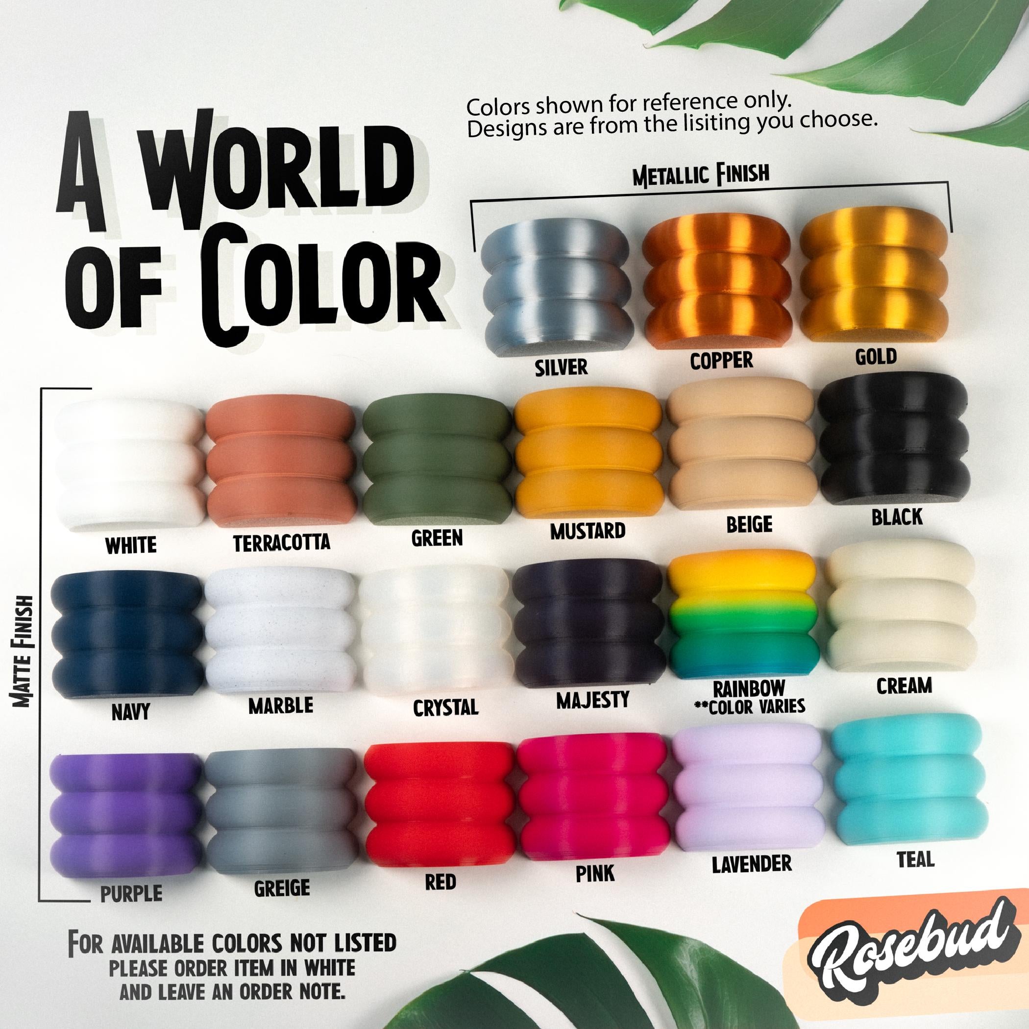 Color swatch chart for metallic and matte finishes with Rosebud branding.