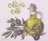 Illustration of olive oil bottle and olives with 'olive oil' text on a white background