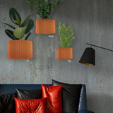 Three orange wall planters of different sizes on a gray wall with a black lamp and red cushions on a sofa.
