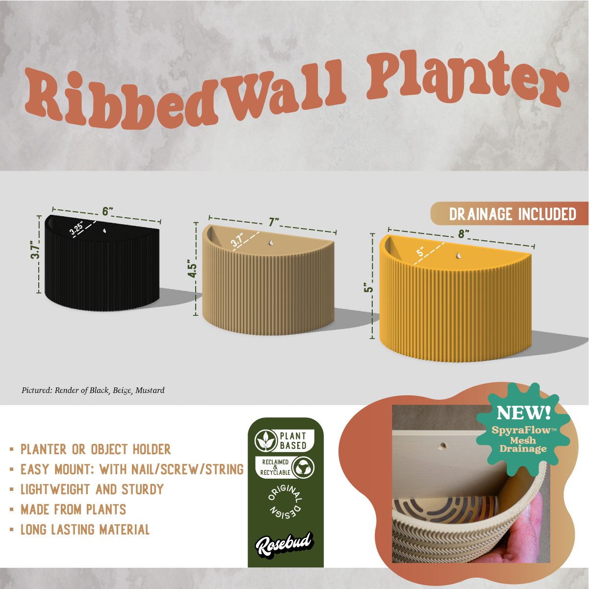 Ribbed wall planter with dimensions and features on a textured background