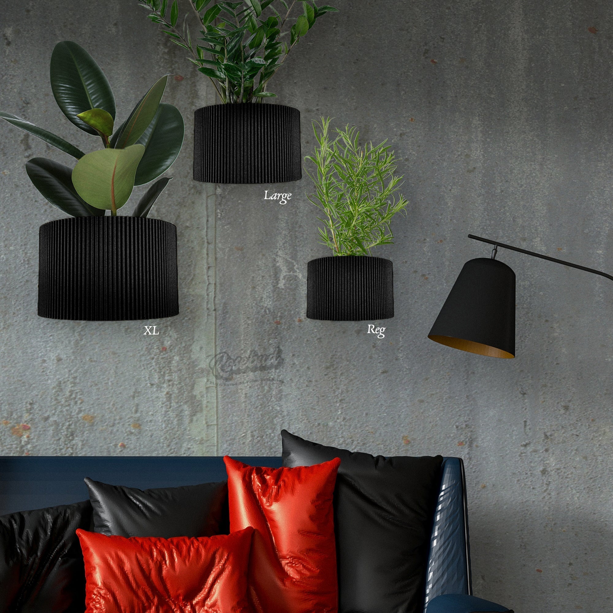Three black wall planters with plants against a gray concrete wall, with a sofa and pillows in the foreground.