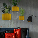 Yellow wall planters of different sizes on a gray wall with a black lamp and red cushions on a sofa.